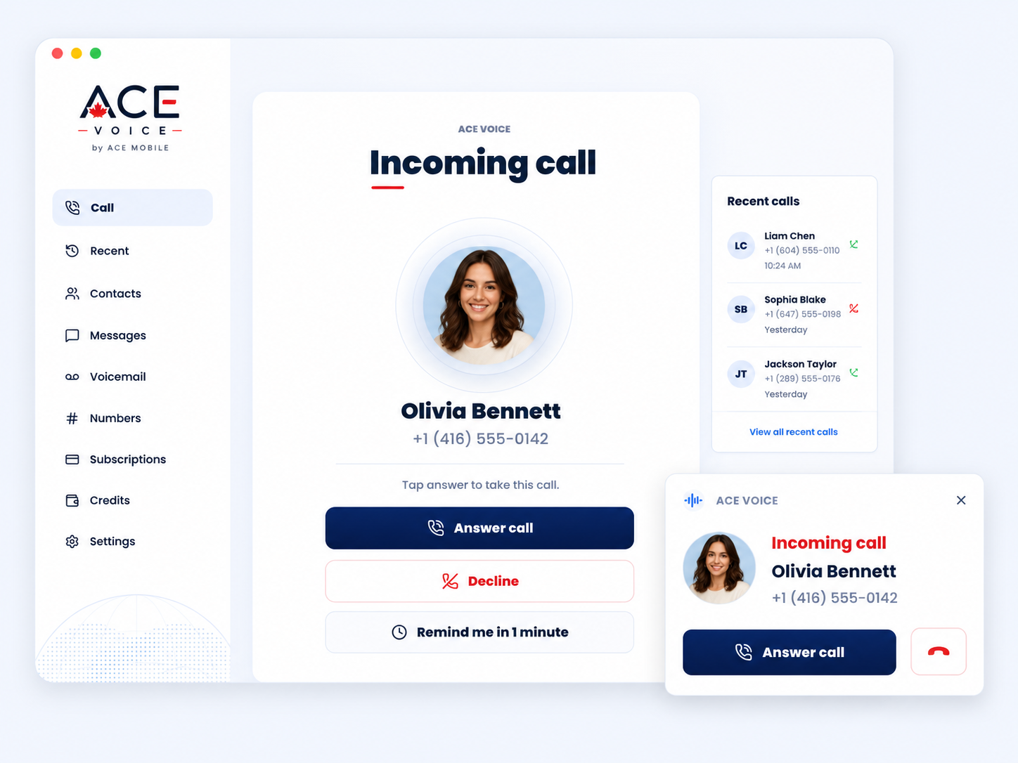 ACE Voice call screen showing an incoming call and call controls.
