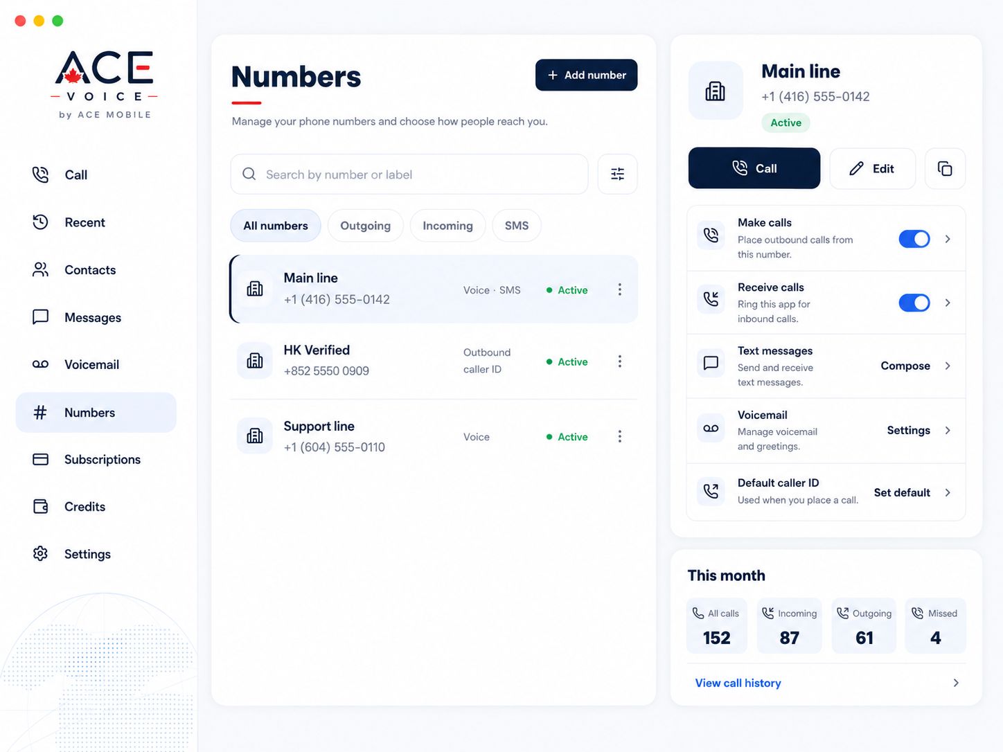 ACE Voice numbers and line management screen showing multiple lines and usage details.