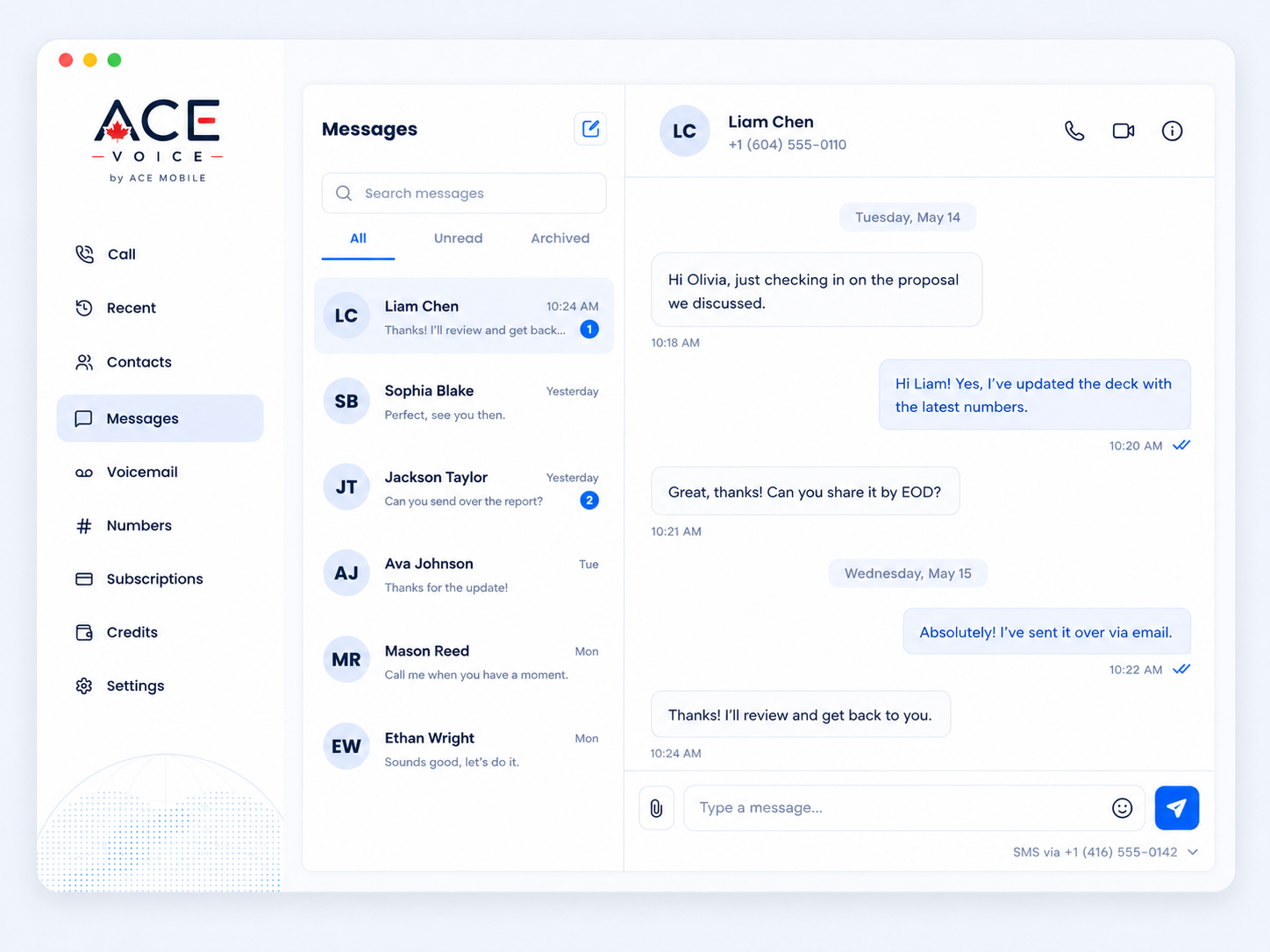 ACE Voice messages screen showing conversation threads and message details.